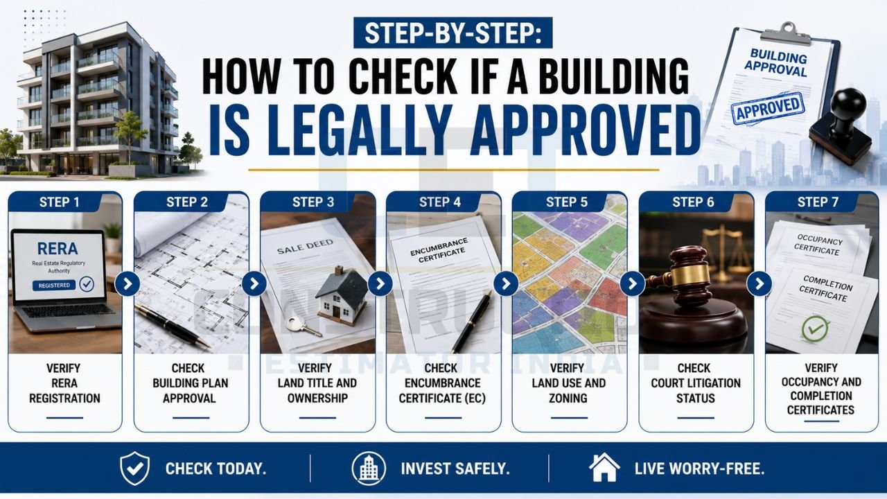 Step-by-step infographic showing the process of verifying building approvals, RERA registration, land ownership, zoning, and occupancy certificates.