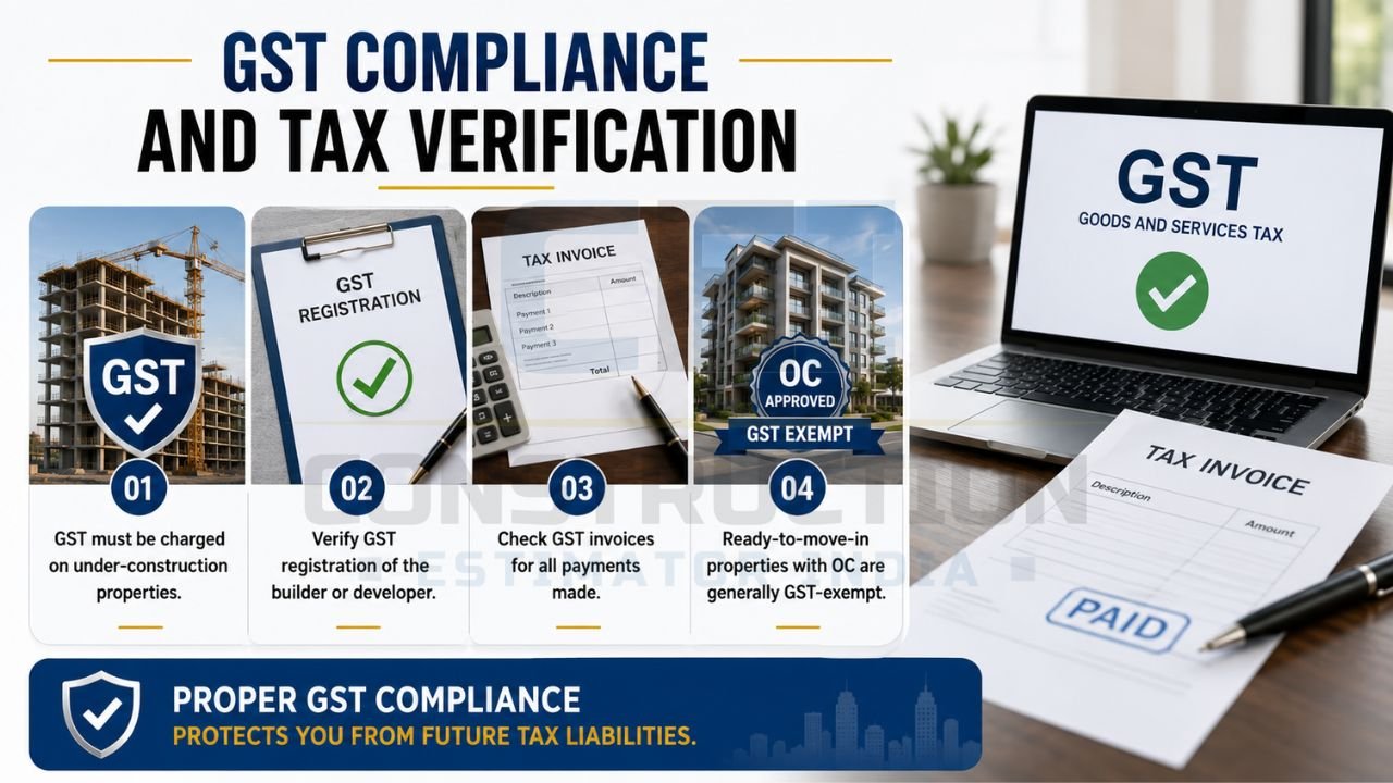 GST compliance infographic explaining GST registration verification, tax invoices, and GST rules for under-construction and ready-to-move properties.