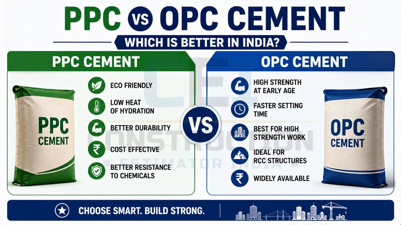 Detailed comparison infographic highlighting the advantages of PPC Cement and OPC Cement for different construction requirements.