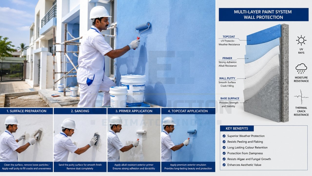 Exterior wall painting process infographic showing surface preparation, sanding, primer application, topcoat painting, and wall protection layers.