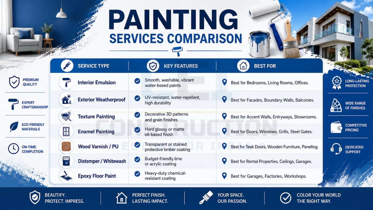 Painting services comparison infographic showing interior, exterior, texture, enamel, varnish, distemper, and epoxy floor painting options.