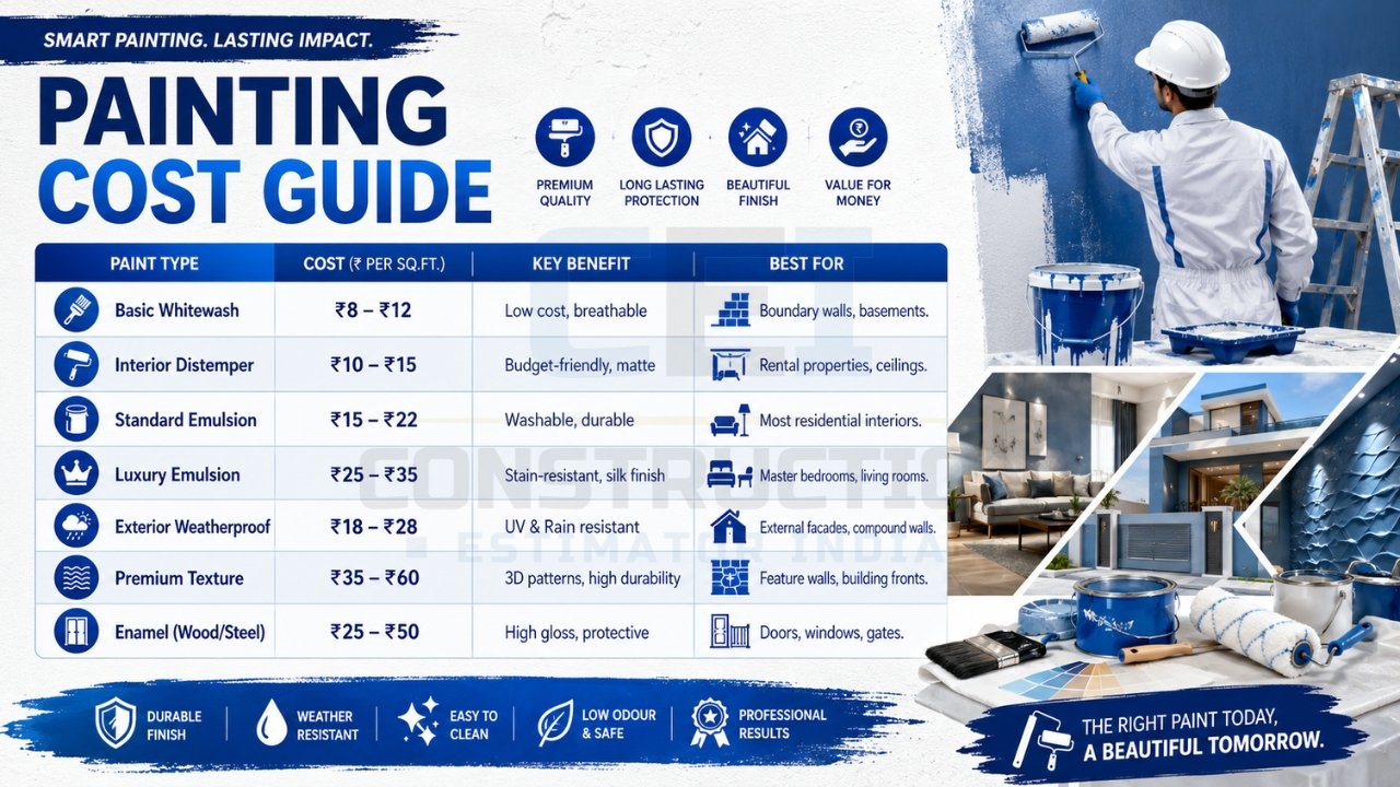 Painting cost guide infographic showing whitewash, distemper, emulsion, texture, enamel, and exterior paint costs per square foot.