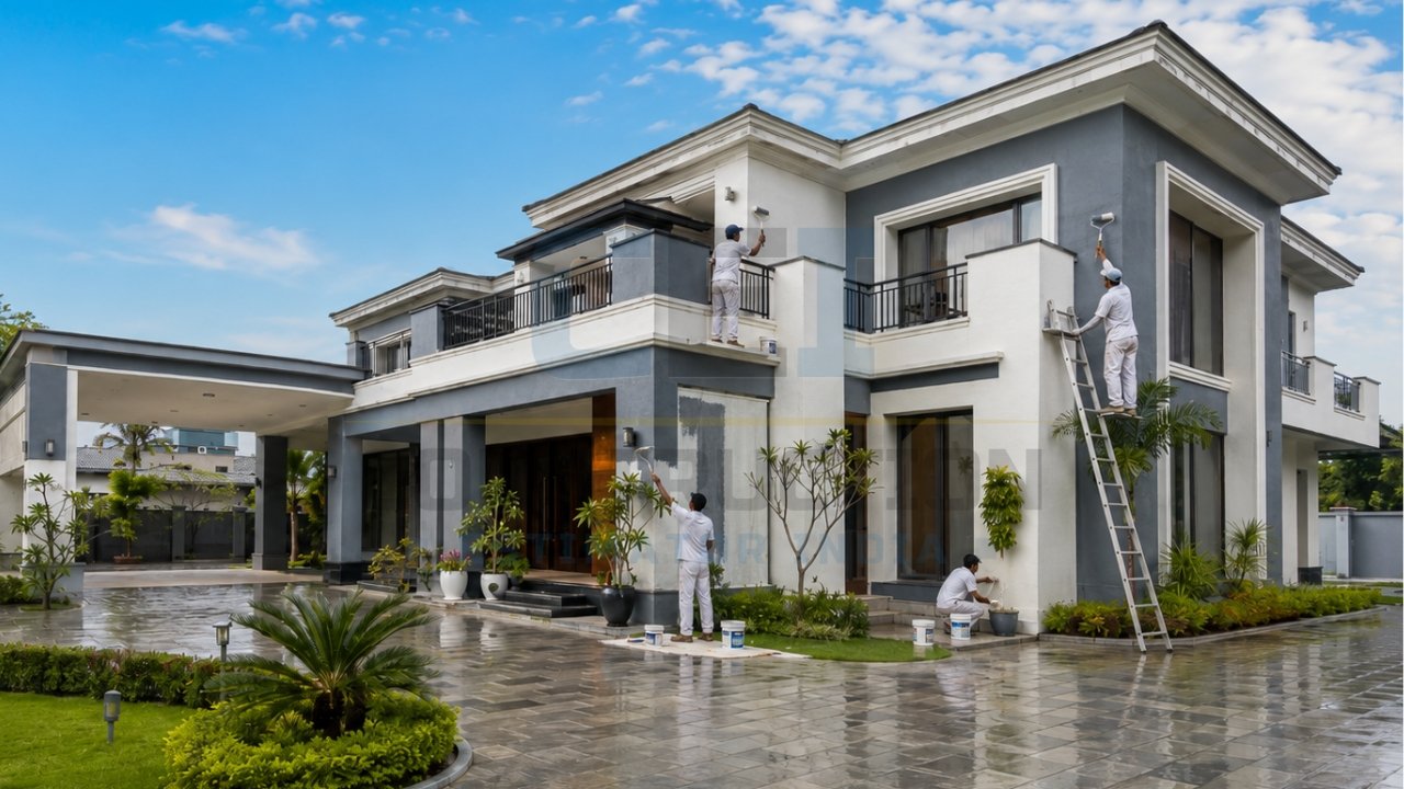 Exterior house painting in progress on a modern two-story villa with painters applying fresh paint to the façade.
