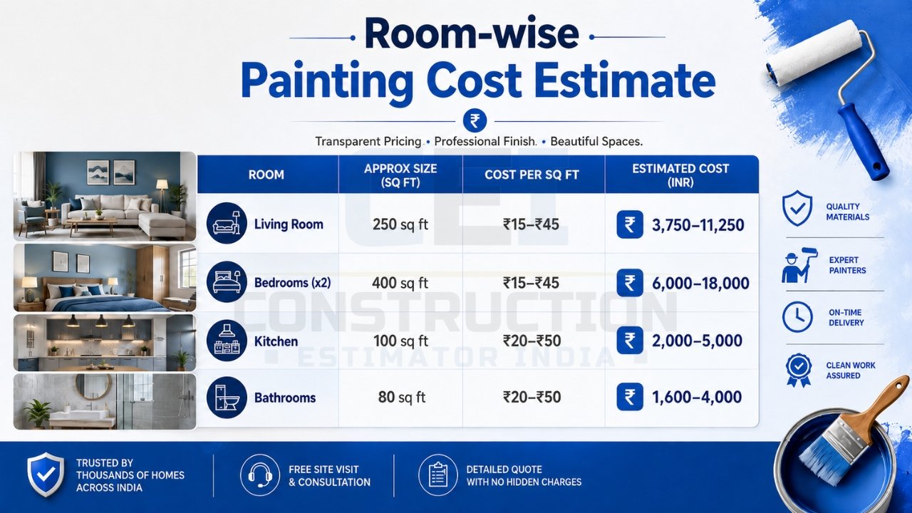 Room-wise painting cost estimate infographic showing living room, bedroom, kitchen, and bathroom painting costs with room sizes and rates per square foot.