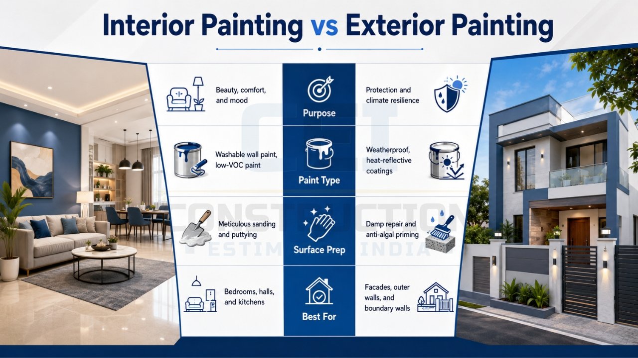 Interior vs exterior painting comparison infographic highlighting paint types, purpose, surface preparation, and best-use areas.