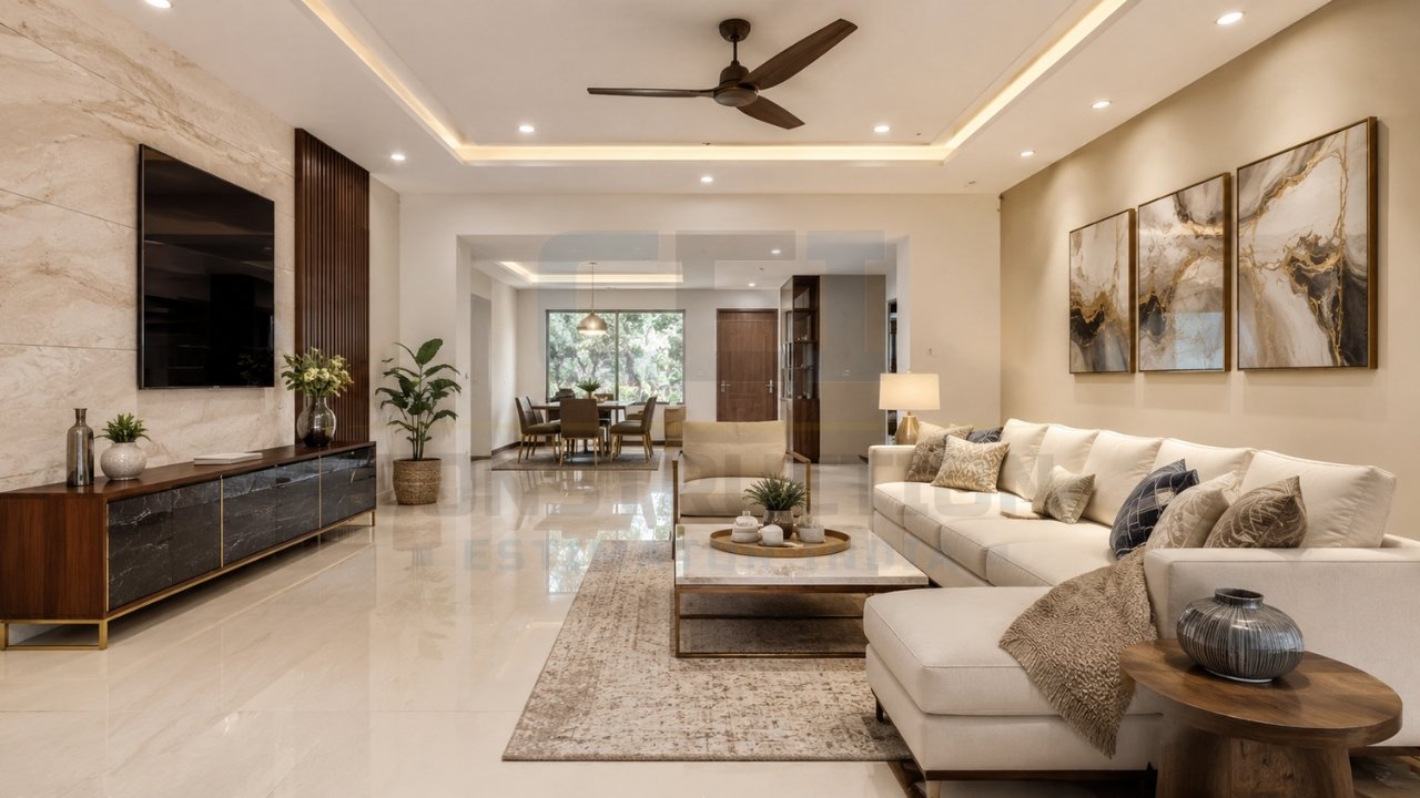 Modern luxury living room with beige sectional sofa, marble TV wall, warm lighting, and contemporary décor.