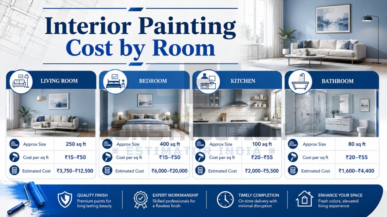 Interior painting cost by room infographic showing living room, bedroom, kitchen, and bathroom painting costs with room sizes and rates per square foot.