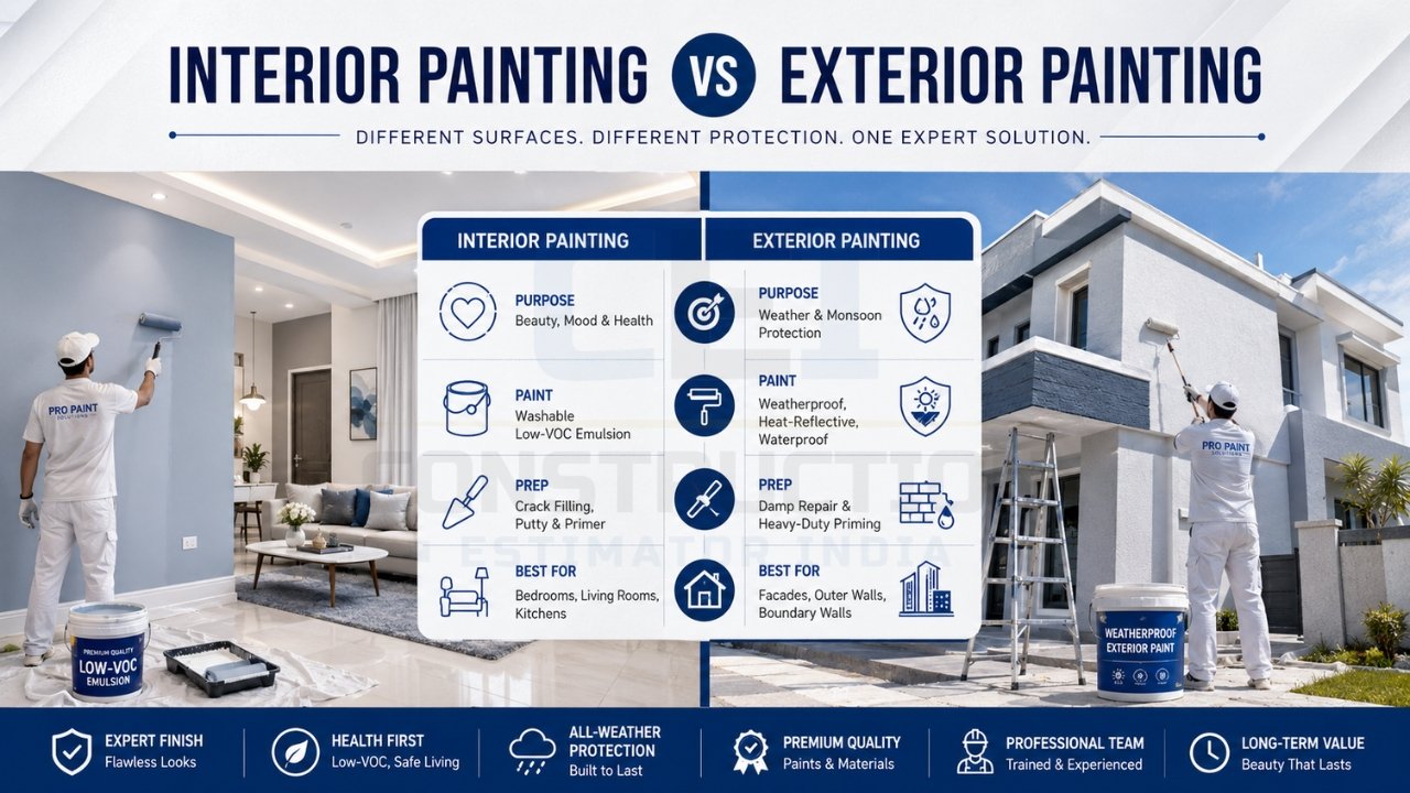 Interior vs exterior painting comparison infographic for residential walls.