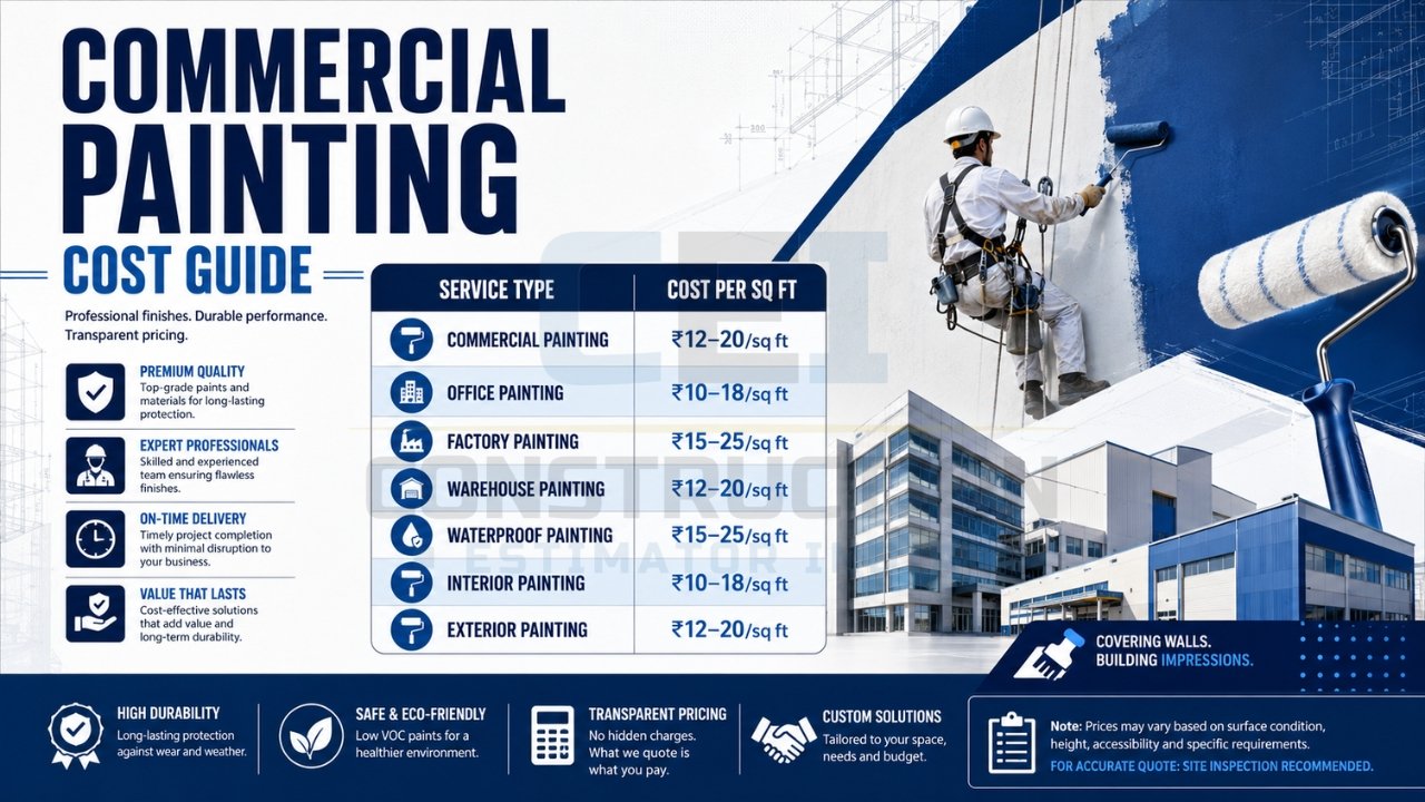 Commercial painting cost guide infographic showing painting rates for offices, factories, warehouses, waterproof coatings, interior, and exterior commercial projects