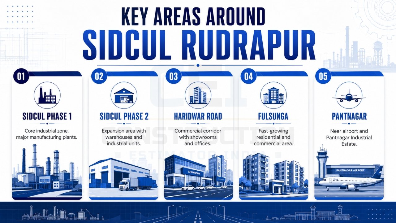 Key areas around SIDCUL Rudrapur infographic highlighting SIDCUL Phase 1, SIDCUL Phase 2, Haridwar Road, Fulsunga, and Pantnagar.