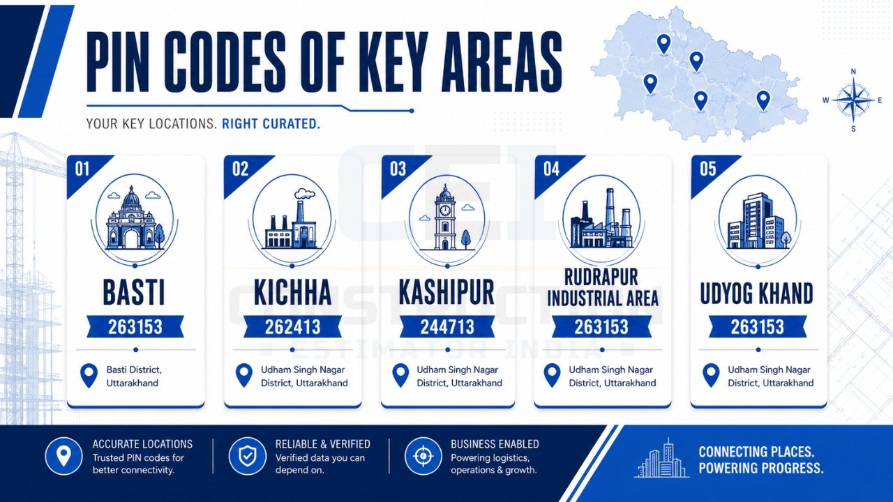 PIN codes of key areas infographic showing Basti, Kichha, Kashipur, Rudrapur Industrial Area, and Udyog Khand with location details.