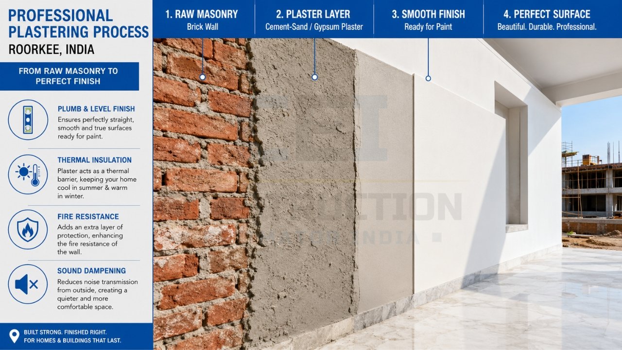 Professional plastering process infographic showing stages from raw brick masonry to smooth finished wall ready for painting.