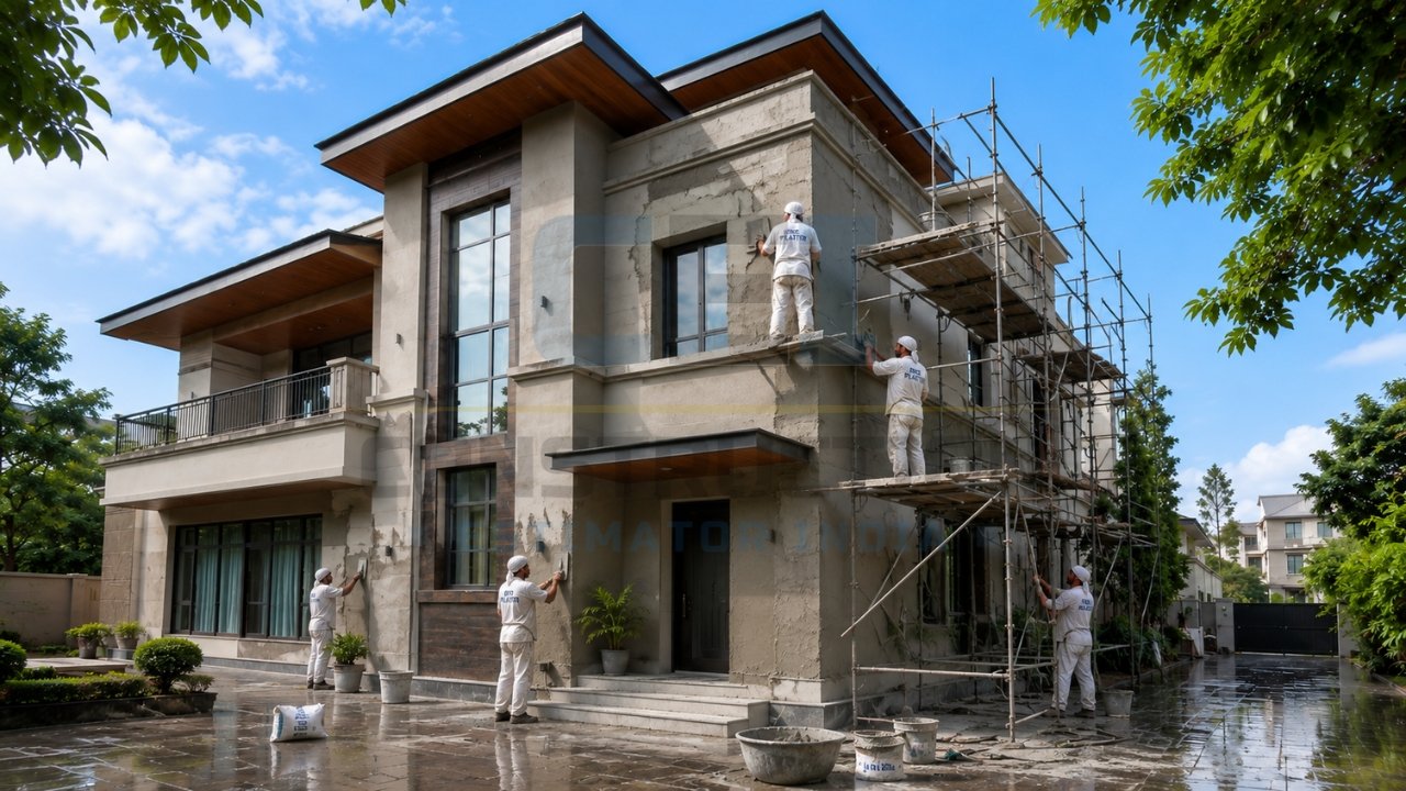 House exterior plastering work in progress on a modern two-story villa with workers applying cement plaster to exterior walls.