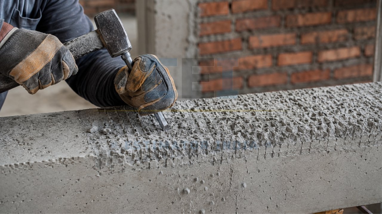 Worker using a hammer and chisel to roughen a concrete surface for plastering or masonry preparation.