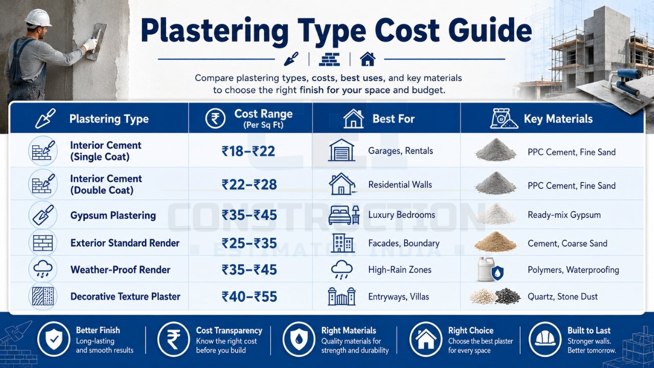 Plastering type cost guide infographic comparing cement, gypsum, weatherproof, and decorative plastering options with costs per square foot.