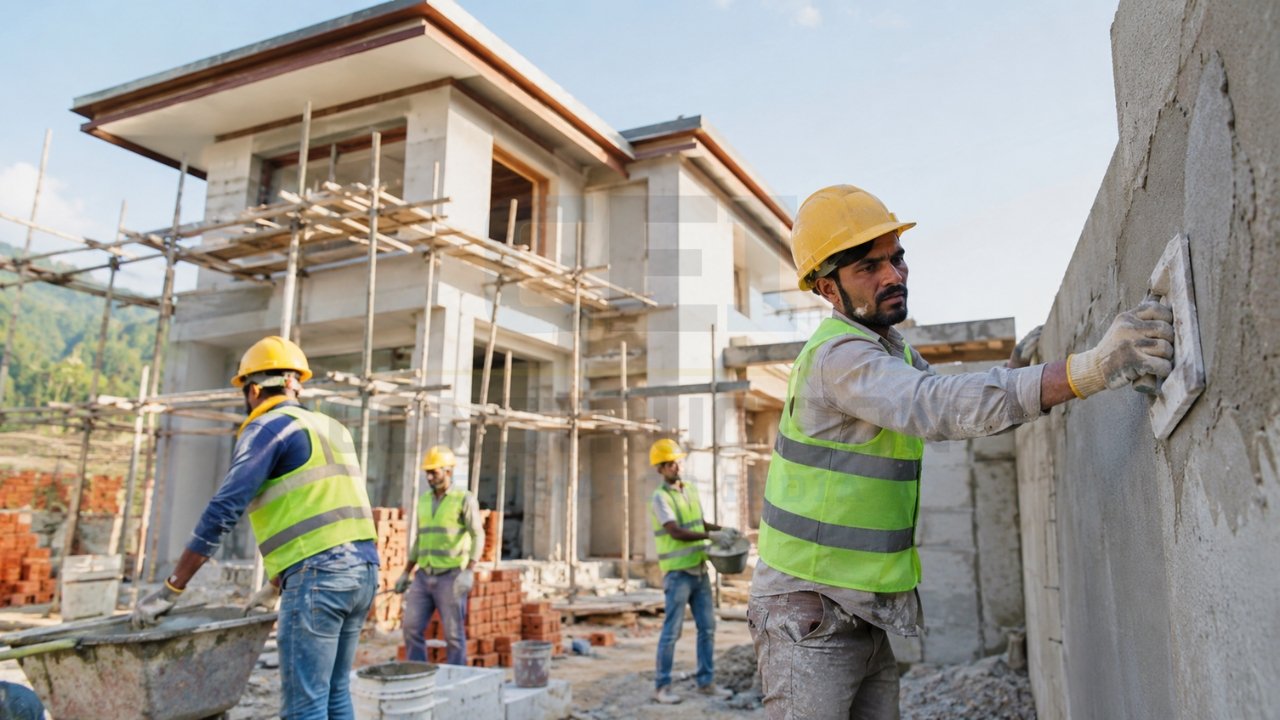 Construction workers applying cement plaster to an exterior wall of a modern house under construction.