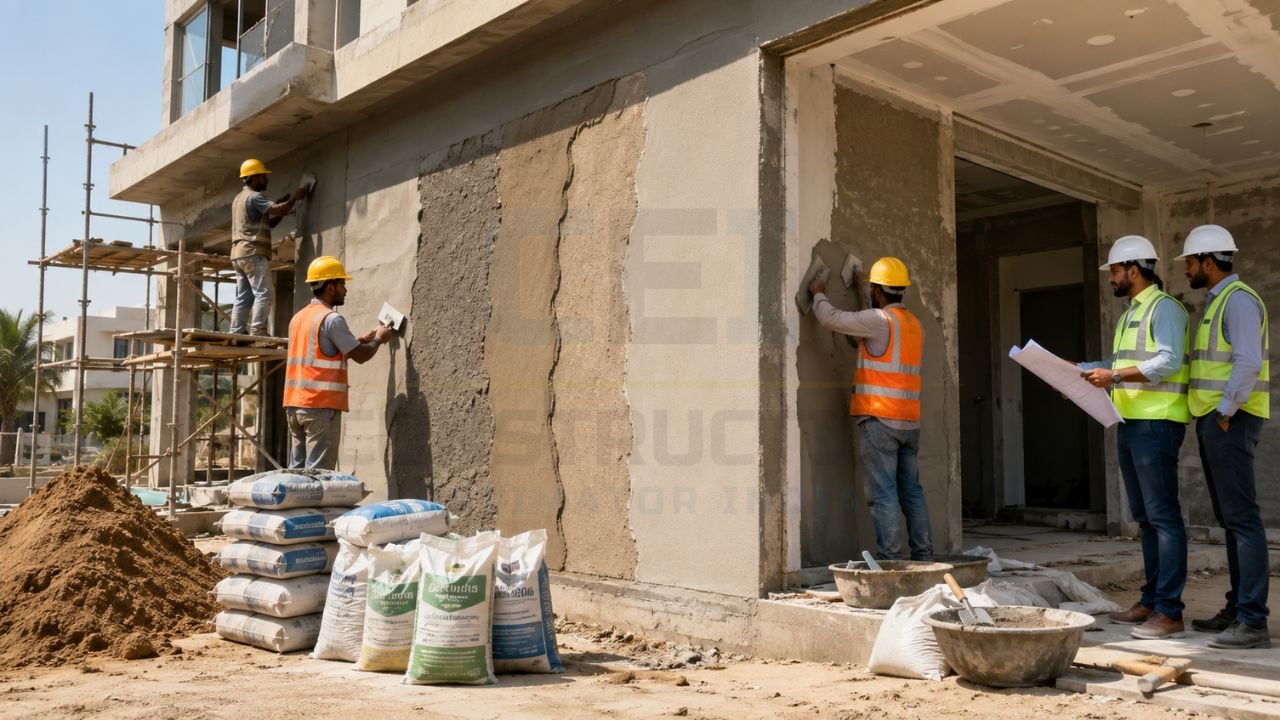 Exterior wall plastering work on a residential building with workers applying cement plaster and site engineers inspecting construction quality