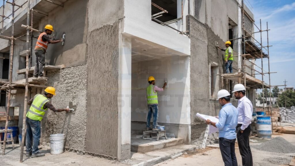 Exterior wall plastering work in progress on a residential building with construction workers applying plaster and engineers supervising site quality checks
