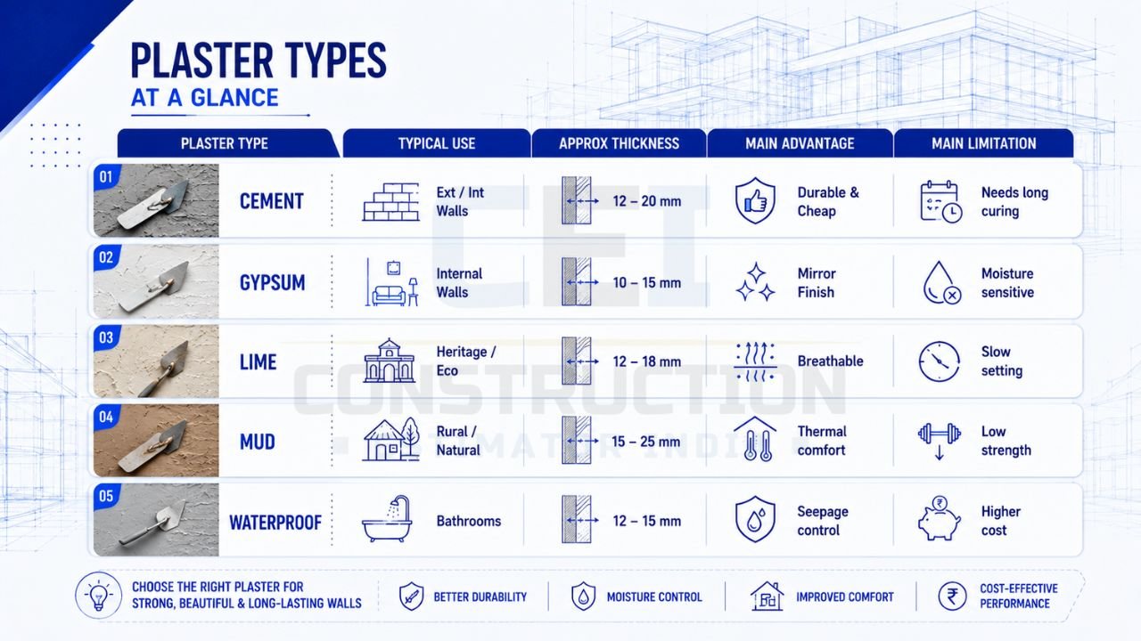 Types of plaster used in construction including cement, gypsum, lime, mud, and waterproof plaster with their applications, thickness, advantages, and limitations