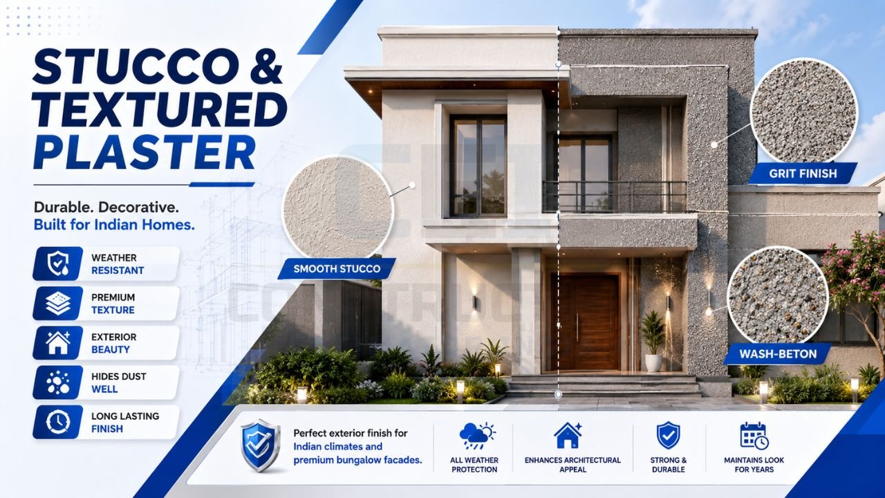Stucco and textured plaster finishes for home exteriors including smooth stucco, grit finish, and wash-beton textures for durable and weather-resistant walls