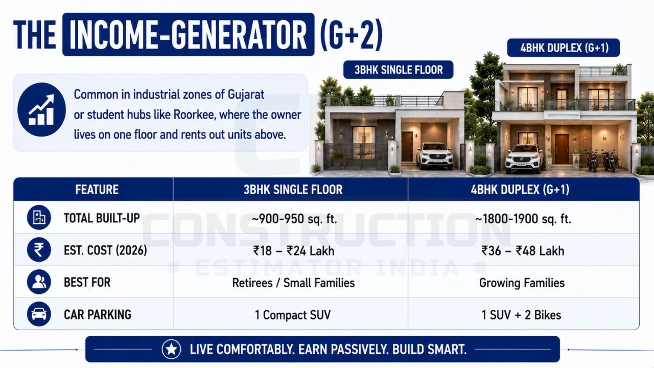 Comparison of 3BHK single-floor and 4BHK duplex 25×40 house plans with built-up area, cost, and parking details.