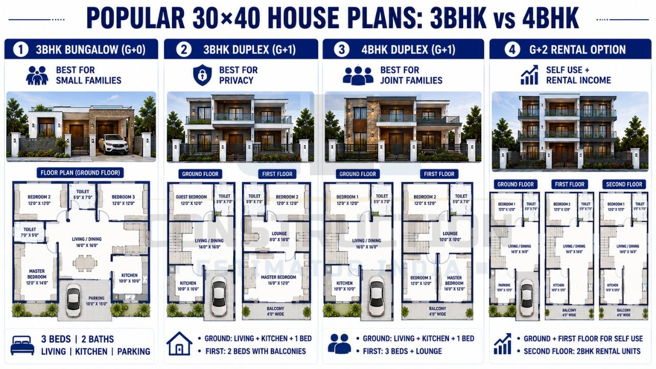 Comparison of 30×40 house plan options including 3BHK bungalow, 3BHK duplex, 4BHK duplex, and G+2 rental house designs.