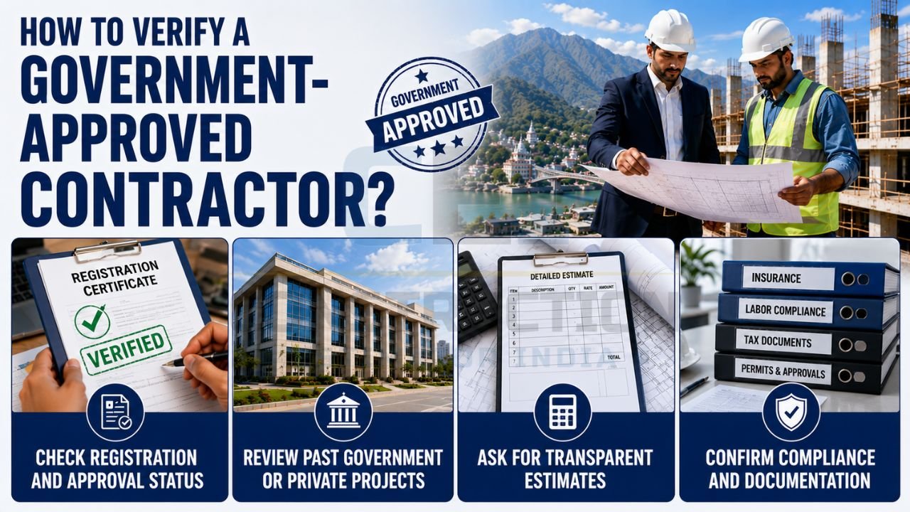 Guide for verifying government-approved contractors through registration certificates, project history, transparent estimates, and compliance documentation.