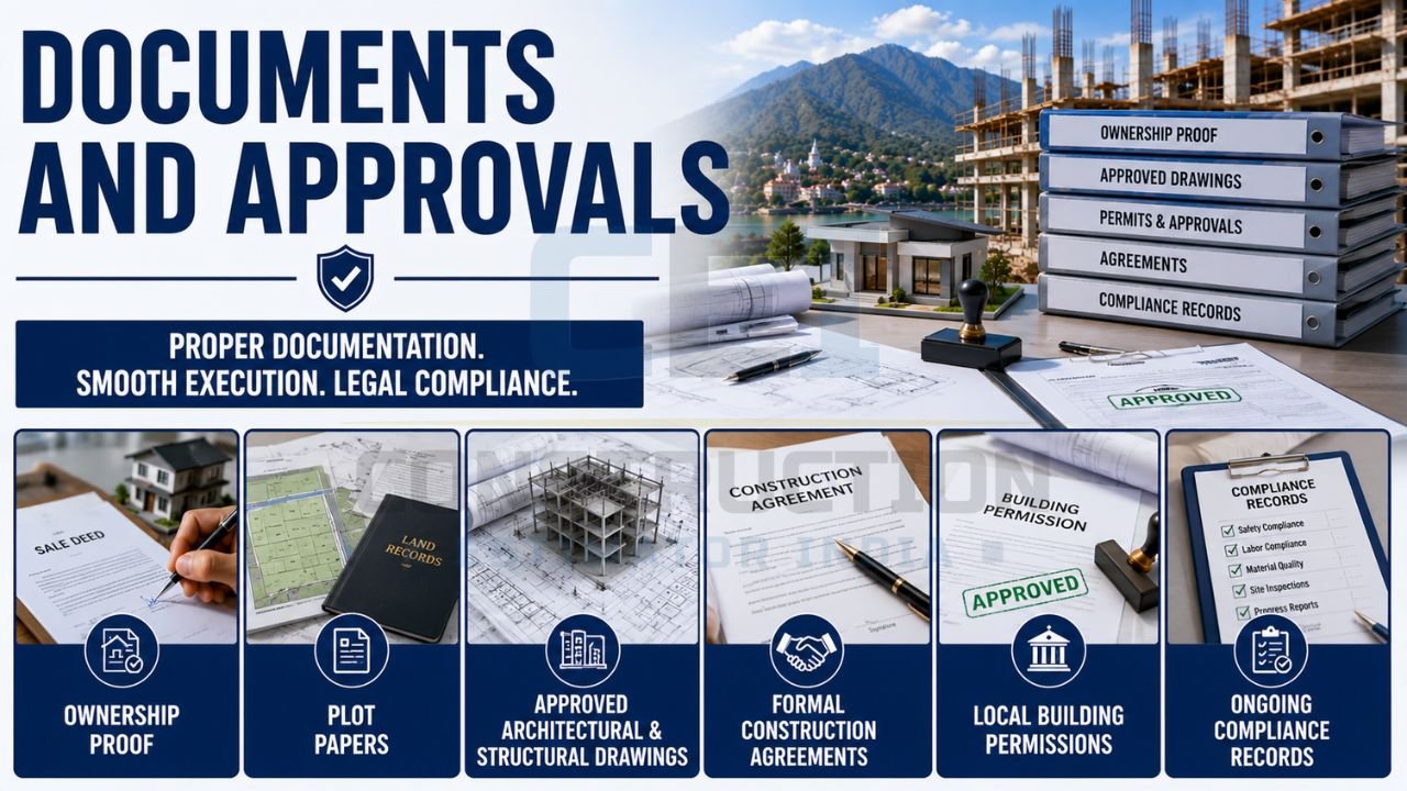 Construction documents and approvals infographic showing ownership proof, plot papers, approved drawings, building permits, agreements, and compliance records.