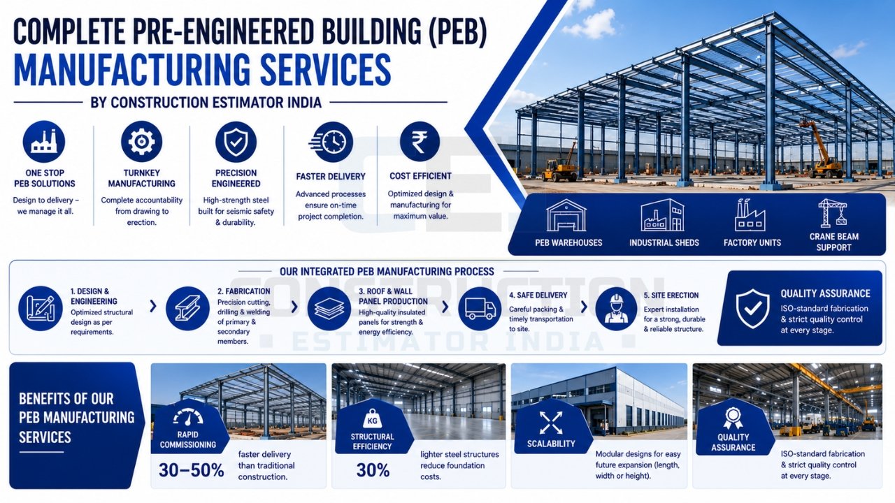 Pre-engineered building (PEB) manufacturing services for warehouses, industrial sheds, factory units, and steel structure construction.