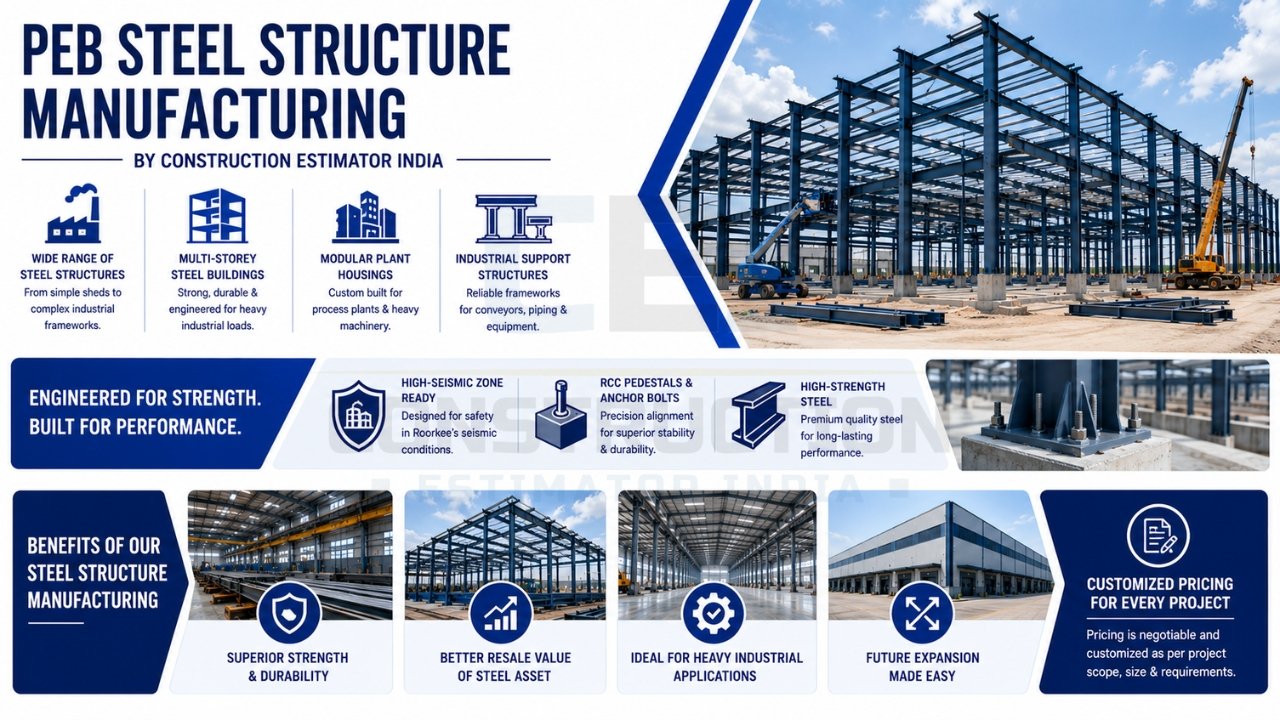 PEB steel structure manufacturing for industrial buildings, warehouses, modular plants, and heavy-duty steel construction projects.