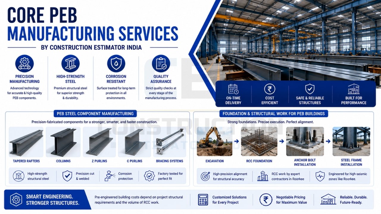 Core PEB manufacturing services for steel structures, warehouse construction, structural components, and industrial building solutions.