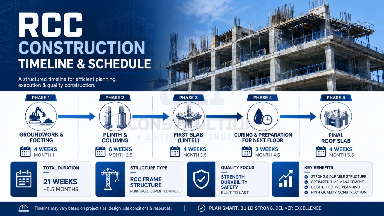 RCC construction timeline and schedule showing footing, columns, slab casting, curing, and roof slab construction phases