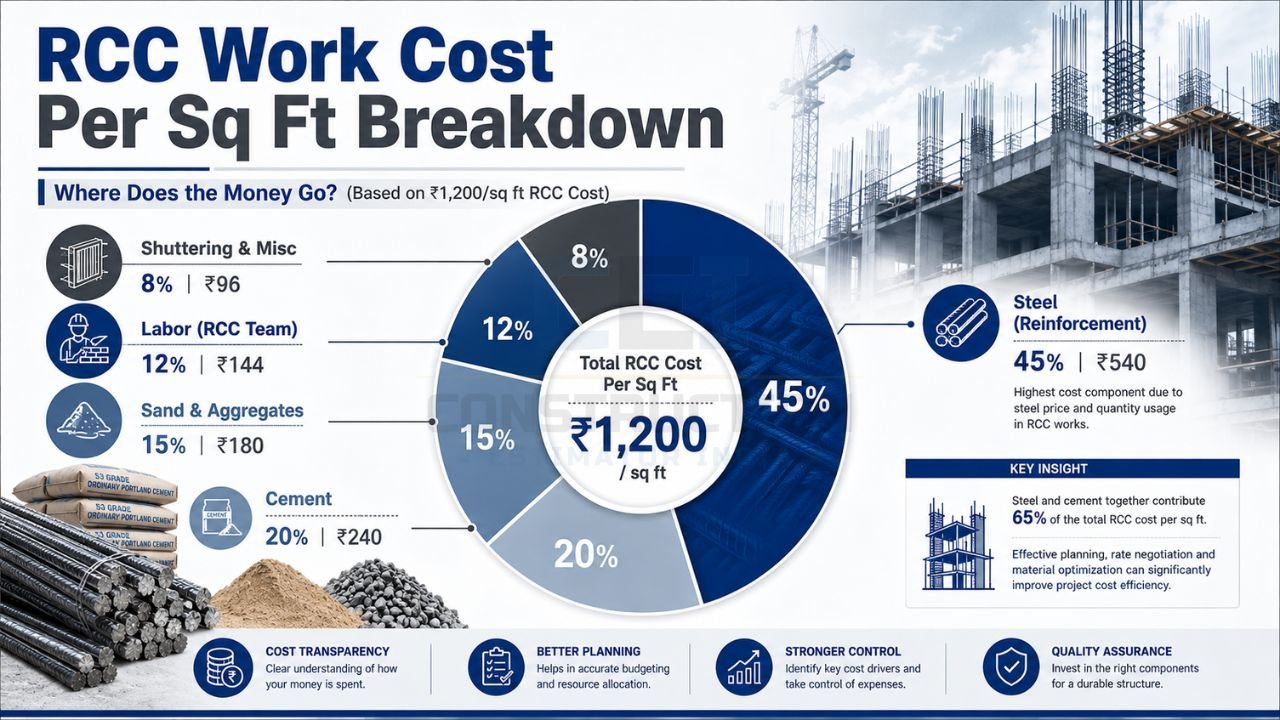 RCC work cost per square foot breakdown showing steel, cement, sand, aggregates, labor, and shuttering cost percentages