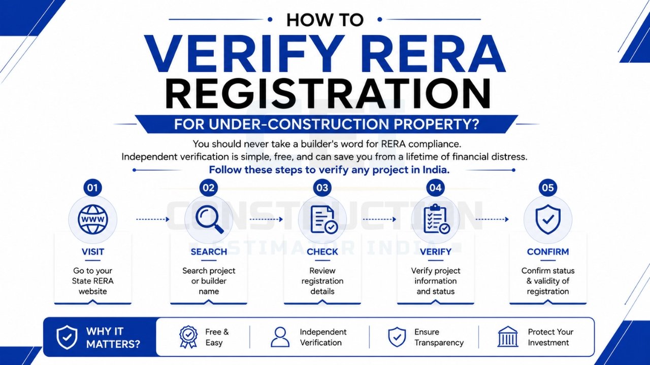 How to verify RERA registration for under-construction property in India through official state RERA website and project status check