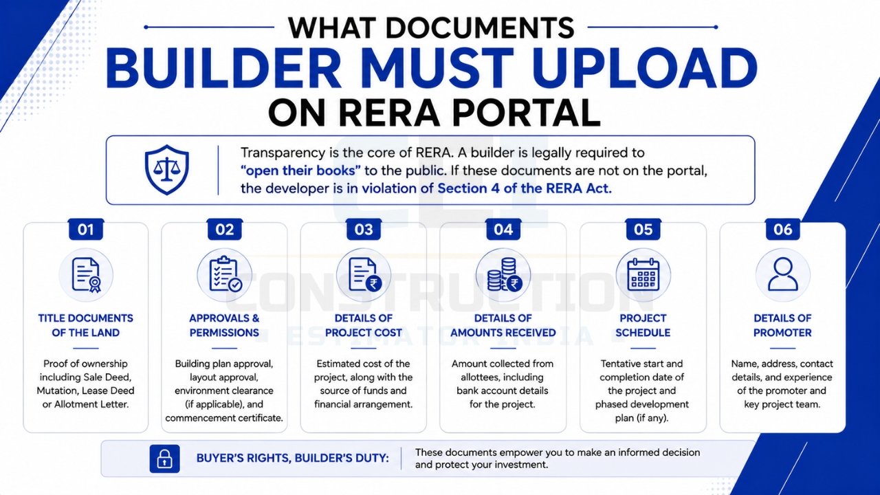 Documents builders must upload on the RERA portal including land title, approvals, project cost, funds received, project schedule, and promoter details
