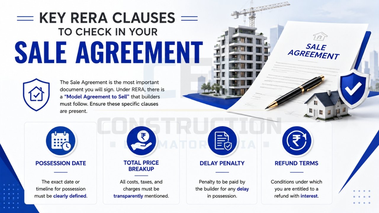 Key RERA clauses to check in a sale agreement including possession date, total price breakup, delay penalty, and refund terms