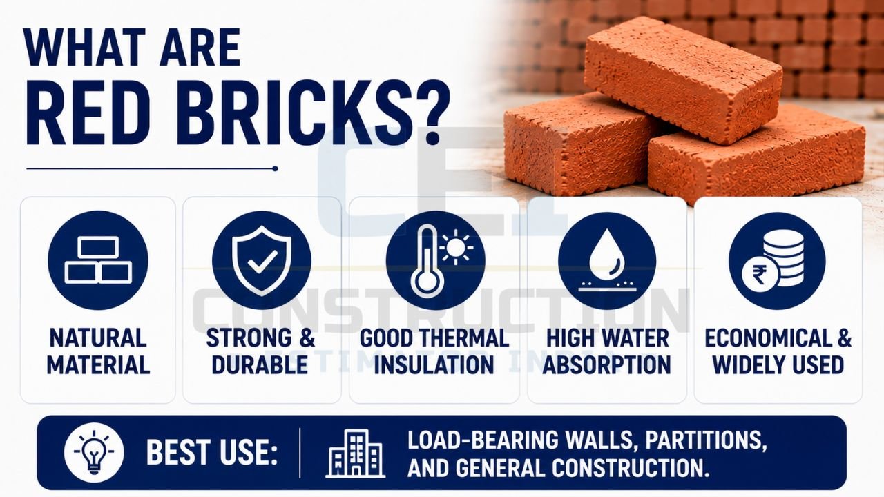 Infographic highlighting the features, advantages, and applications of traditional red bricks in construction.