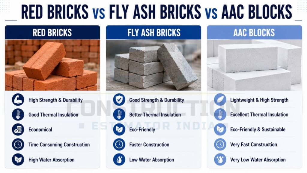 Detailed comparison infographic of Red Bricks, Fly Ash Bricks, and AAC Blocks based on strength, insulation, sustainability, and construction speed.