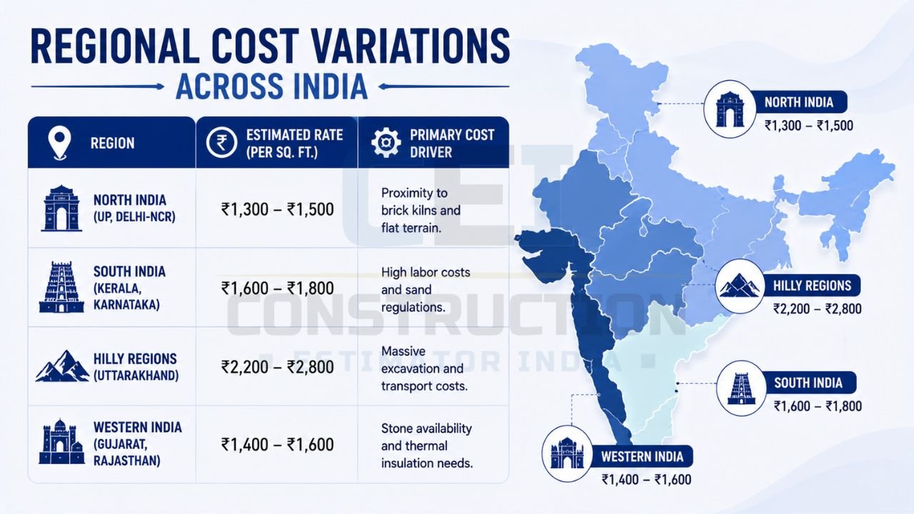 Infographic comparing 2026 construction costs across North, South, Western, and Hilly regions of India with estimated rates and key cost factors.