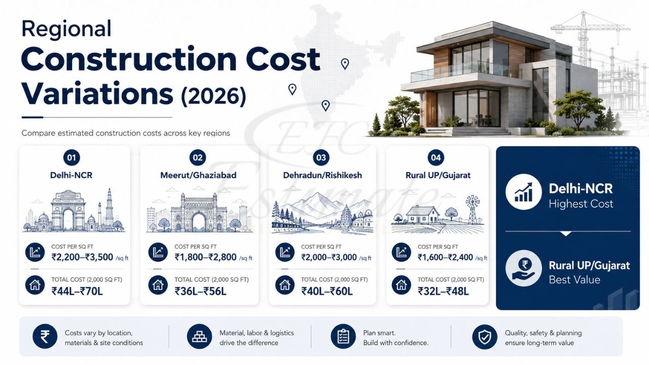 Regional construction cost comparison infographic showing 2026 building costs per square foot across Delhi NCR, Meerut-Ghaziabad, Dehradun-Rishikesh, and Rural UP-Gujarat