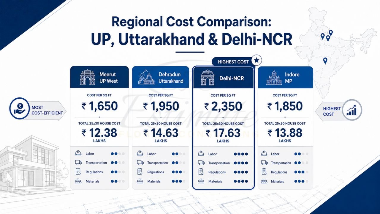 Regional construction cost comparison infographic showing cost per square foot and total 25x30 house construction costs in Meerut, Dehradun, Delhi-NCR, and Indore for 2026