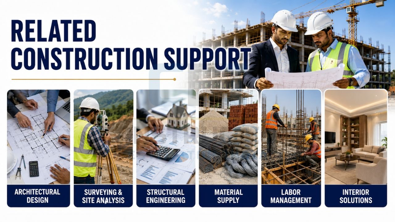 Construction support infographic showcasing architectural design, surveying, structural engineering, material supply, labor management, and interior solutions for building projects.