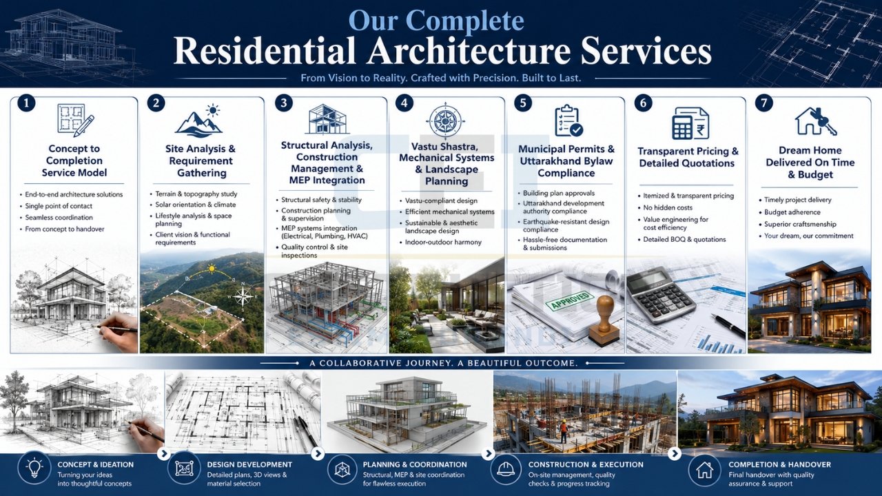 Residential architecture services infographic showing concept design, site analysis, structural planning, permits, pricing, and home construction workflow.