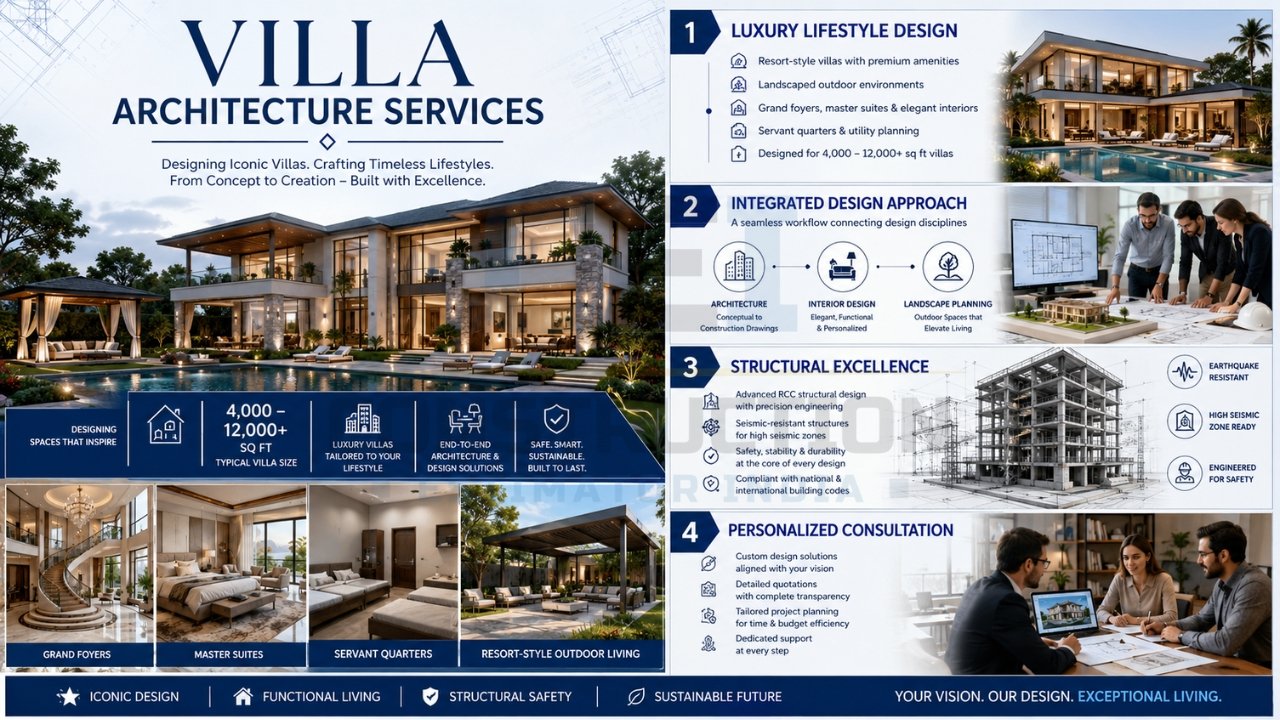 Villa architecture services infographic showcasing luxury villa design, integrated planning, structural engineering, and personalized consultation.