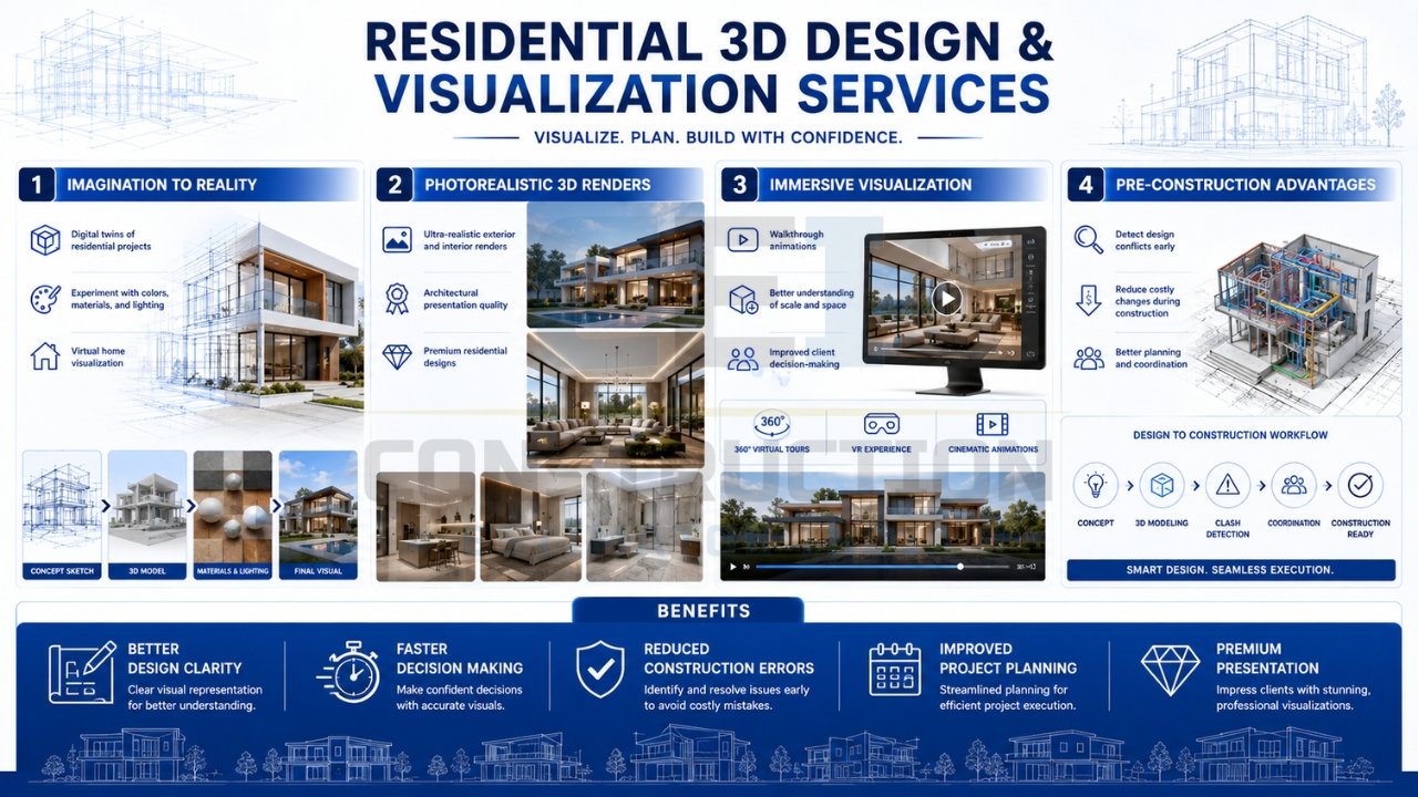 Residential 3D design and visualization services infographic showcasing 3D rendering, virtual walkthroughs, architectural visualization, and pre-construction planning.