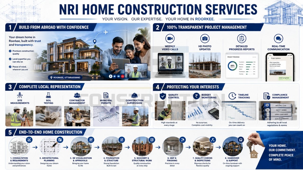 NRI home construction services infographic showing remote project management, construction supervision, approvals, and end-to-end home building support.