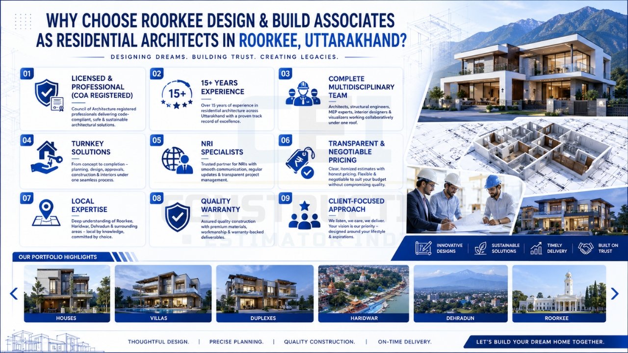 Residential architect services infographic highlighting experience, turnkey solutions, NRI support, transparent pricing, and local expertise in Roorkee, Uttarakhand.