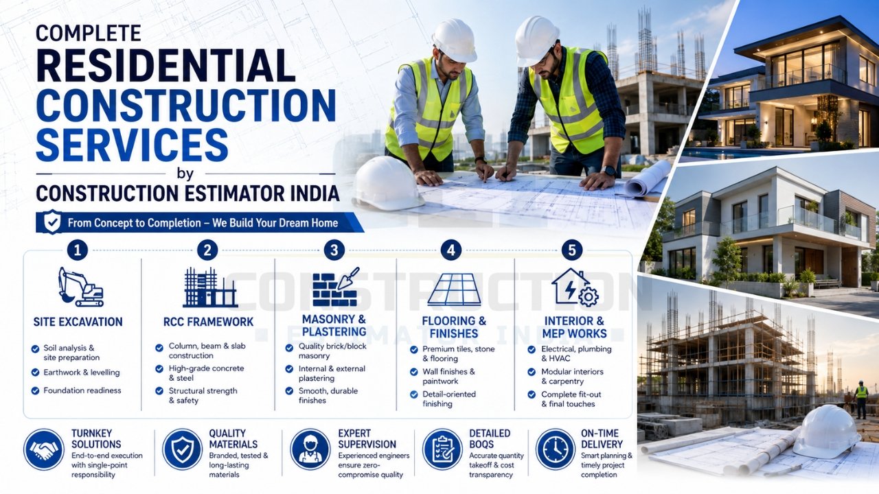 Residential construction services infographic highlighting site excavation, RCC framework, masonry, flooring, interior works, turnkey solutions, and project supervision.