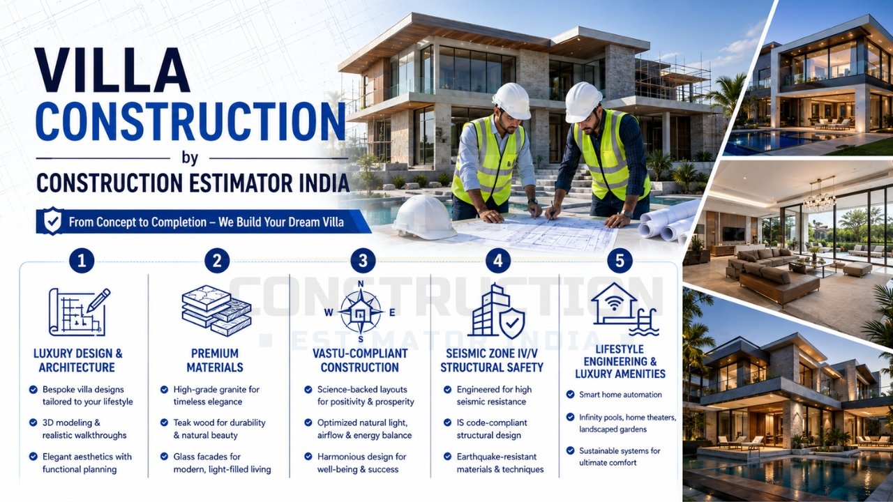 Villa construction services infographic highlighting luxury villa design, premium materials, Vastu-compliant planning, seismic safety, and luxury amenities.