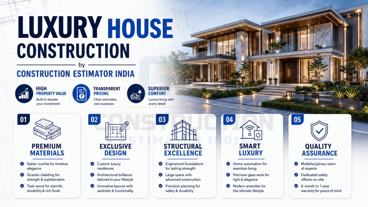 Luxury house construction infographic highlighting premium materials, custom design, structural excellence, smart home features, and quality assurance.
